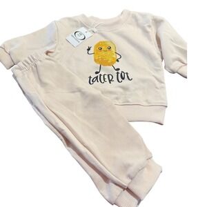 Mini Ollie Tater Tot sweatsuit Set Baby 3-6 Months Cream Pullover Pants cozy